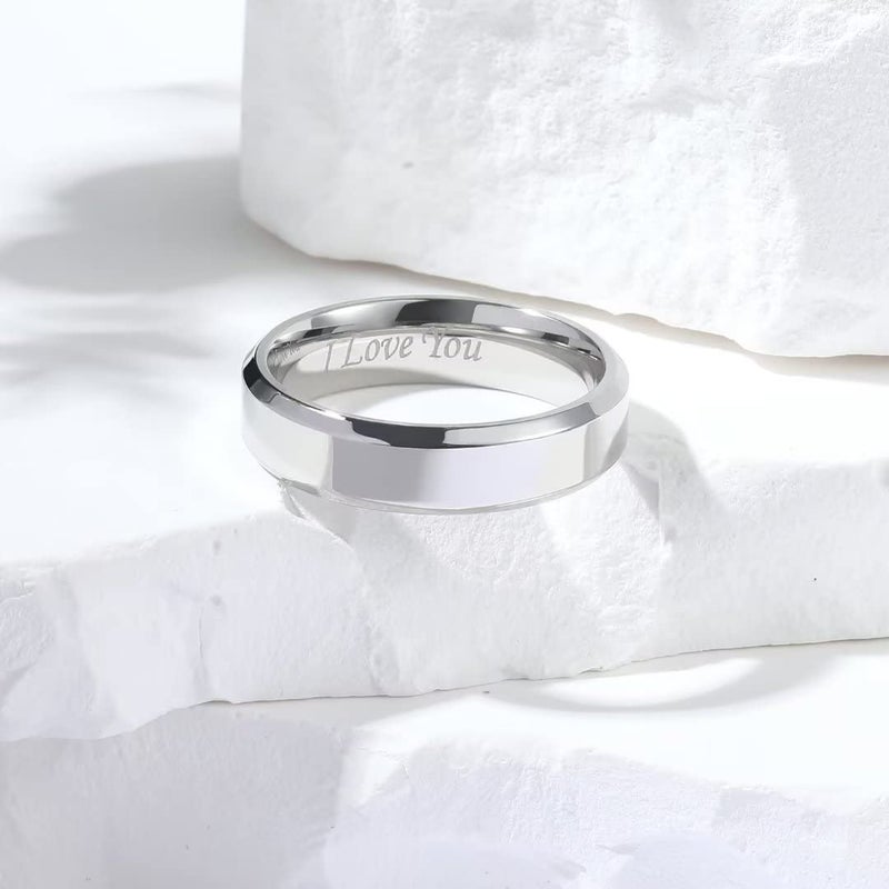 King Will 316L Stainless Steel Wedding Ring for Men Women- 6mm Width Sliver Wedding Band Laser I Love You High Polished Plain Beveled Edge Style Comfort Fit Size 5 - Image 2