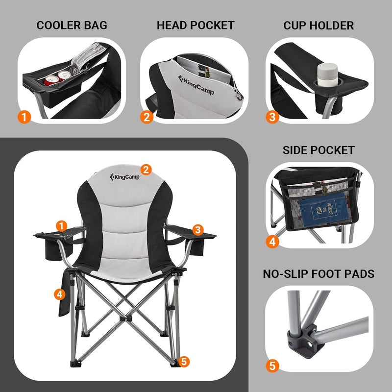 KingCamp Folding Portable Camping Chairs Oversized Padded Quad Arm Chair with Cooler Bag, Cup Holder and Side Pocket, Heavy Duty Supports 300 lbs for Outdoor, Lawn, Fishing, Sports - Image 4
