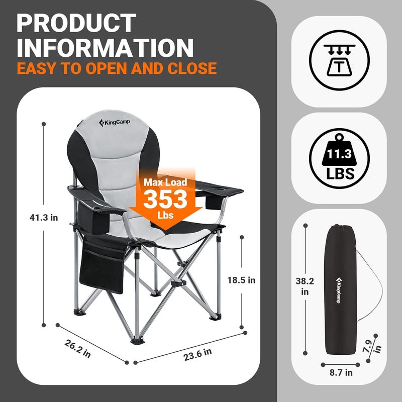 KingCamp Folding Portable Camping Chairs Oversized Padded Quad Arm Chair with Cooler Bag, Cup Holder and Side Pocket, Heavy Duty Supports 300 lbs for Outdoor, Lawn, Fishing, Sports - Image 2