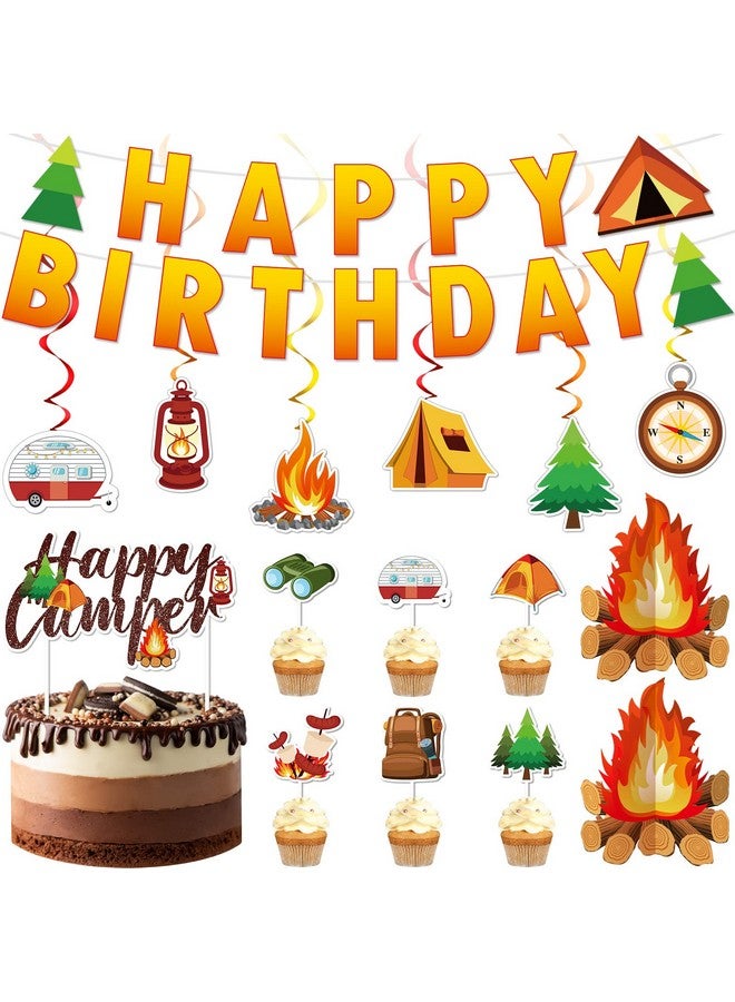 Nezyo 52 Pcs Camping Birthday Party Decorations Happy Camper Party Hanging Swirls Ceiling Decor Happy Birthday Banner Camping Cupcake Toppers Campfire Centerpiece For Kids Birthday Baby Shower Supplies - Image 1