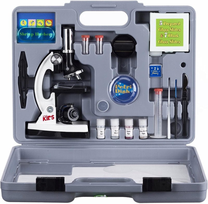 AmScope AmScope 120X1200X 52pcs Beginner Microscope STEM Kit with Metal Body Microscope Plastic Slides LED Light and Carrying Box M30ABSKT2WWhite  - Image 1