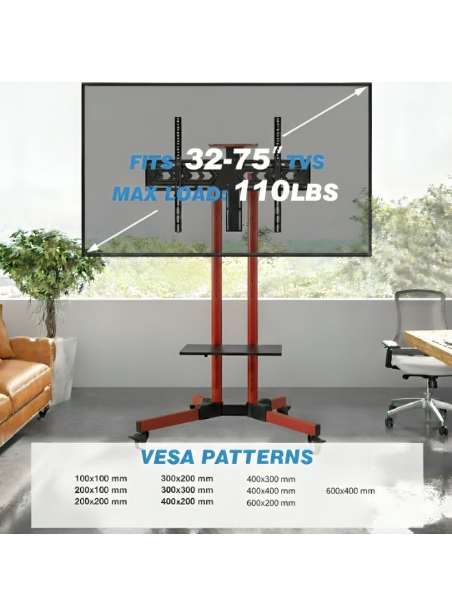 BEETEC Mobile TV Stand for 32–75 Inch Screens, Heavy-Duty Rolling TV Cart, Max VESA 600×400, Tilt Range ±10°, Max Load 50kg, Height Ajustable, Lockable Wheels, Red | T1500R - Image 3