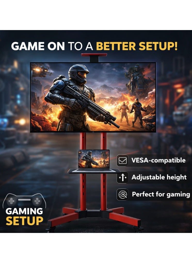 BEETEC Mobile TV Stand for 32–75 Inch Screens, Heavy-Duty Rolling TV Cart, Max VESA 600×400, Tilt Range ±10°, Max Load 50kg, Height Ajustable, Lockable Wheels, Red | T1500R - Image 2