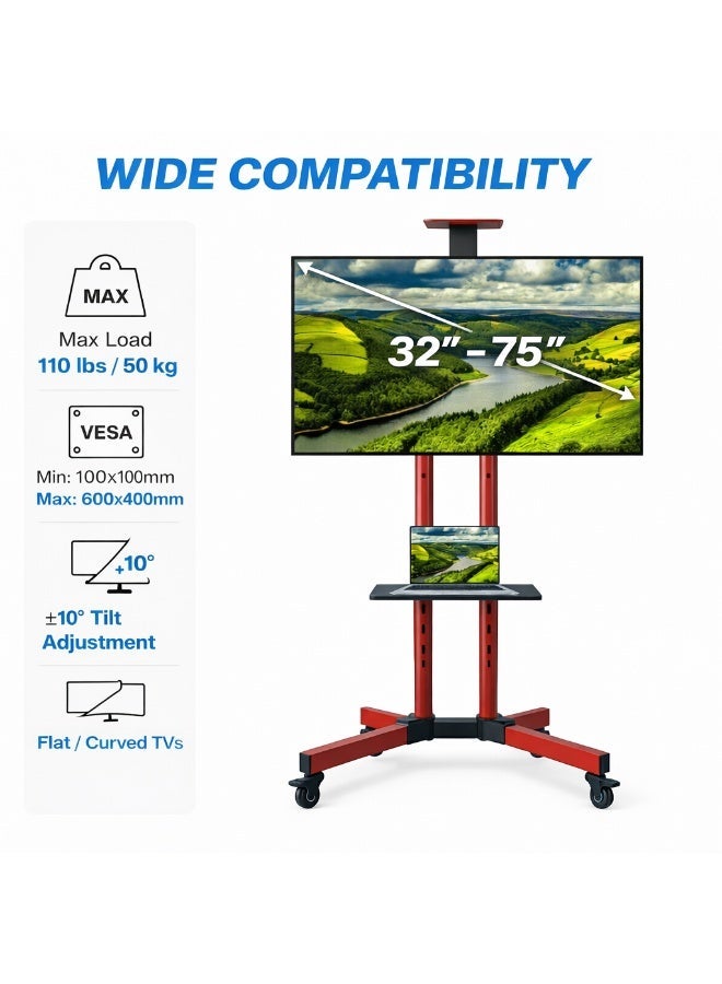 BEETEC Mobile TV Stand for 32–75 Inch Screens, Heavy-Duty Rolling TV Cart, Max VESA 600×400, Tilt Range ±10°, Max Load 50kg, Height Ajustable, Lockable Wheels, Red | T1500R - Image 4