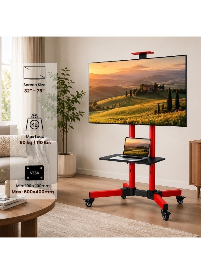 BEETEC Mobile TV Stand for 32–75 Inch Screens, Heavy-Duty Rolling TV Cart, Max VESA 600×400, Tilt Range ±10°, Max Load 50kg, Height Ajustable, Lockable Wheels, Red | T1500R - Image 2