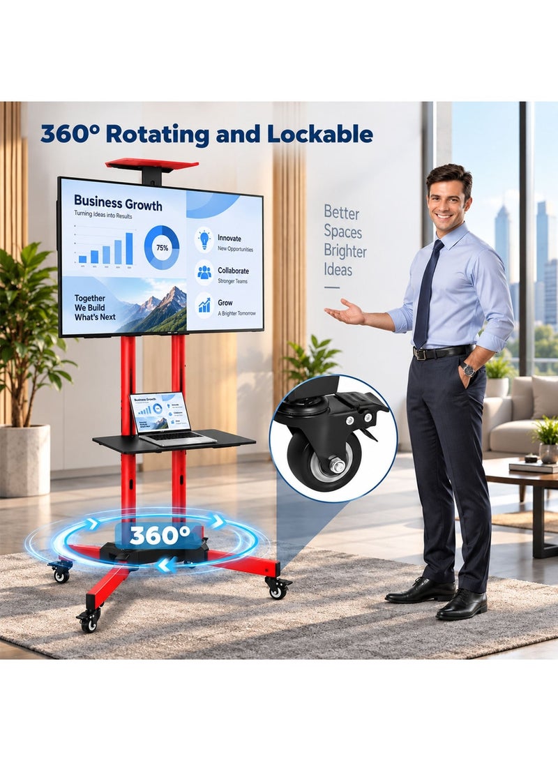 BEETEC Mobile TV Stand for 32–75 Inch Screens, Heavy-Duty Rolling TV Cart, Max VESA 600×400, Tilt Range ±10°, Max Load 50kg, Height Ajustable, Lockable Wheels, Red | T1500R - Image 4
