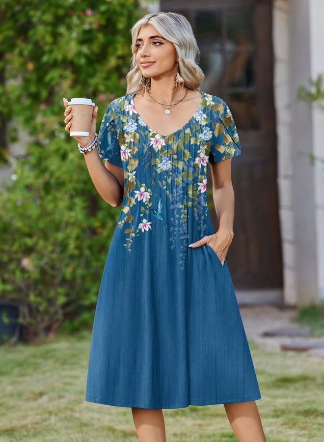 zeagoo Women Midi Dresses for Summer 2026 Short Sleeve Casual Flowy Dress A Line Pleated V Neck Beach Sundress with Pockets, Floral Blue, XL - Image 2