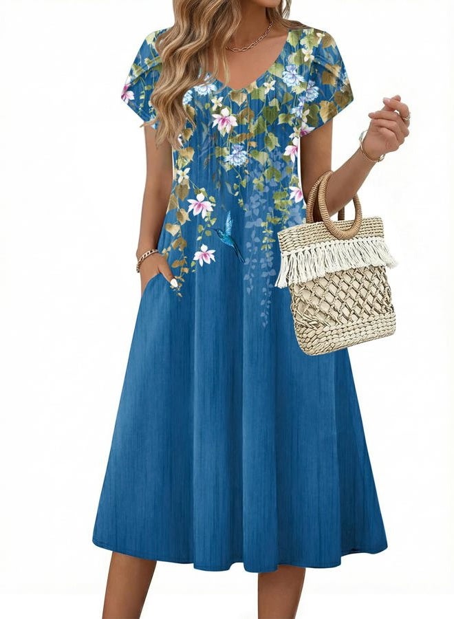 zeagoo Women Midi Dresses for Summer 2026 Short Sleeve Casual Flowy Dress A Line Pleated V Neck Beach Sundress with Pockets, Floral Blue, XL - Image 1