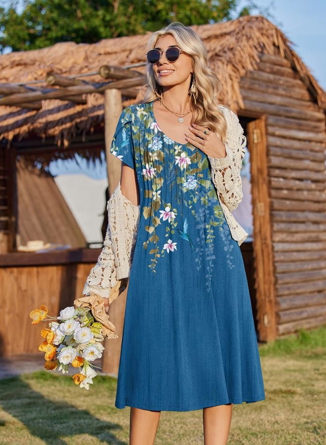 zeagoo Women Midi Dresses for Summer 2026 Short Sleeve Casual Flowy Dress A Line Pleated V Neck Beach Sundress with Pockets, Floral Blue, XL - Image 3