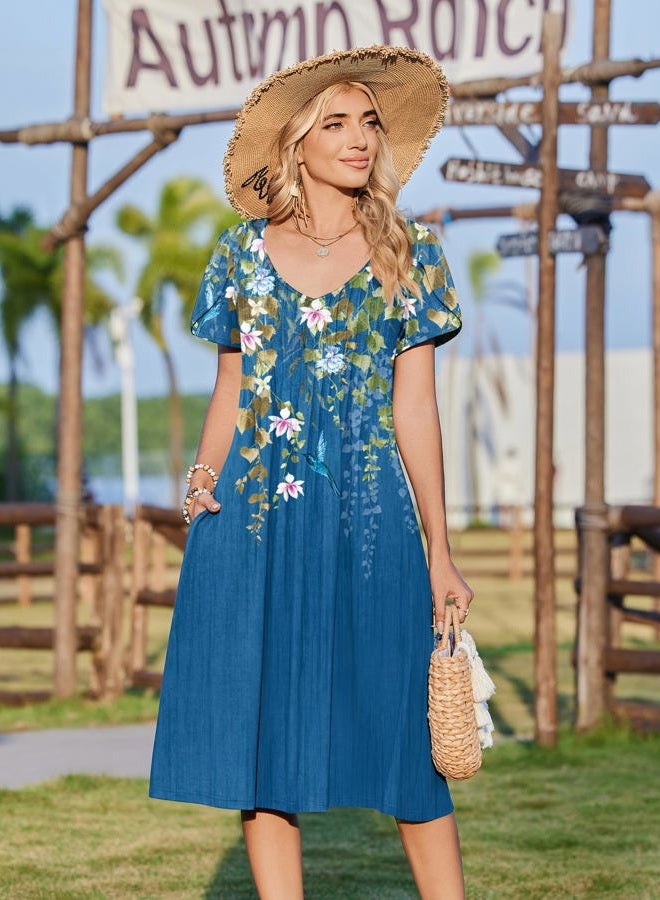 zeagoo Women Midi Dresses for Summer 2026 Short Sleeve Casual Flowy Dress A Line Pleated V Neck Beach Sundress with Pockets, Floral Blue, XL - Image 4