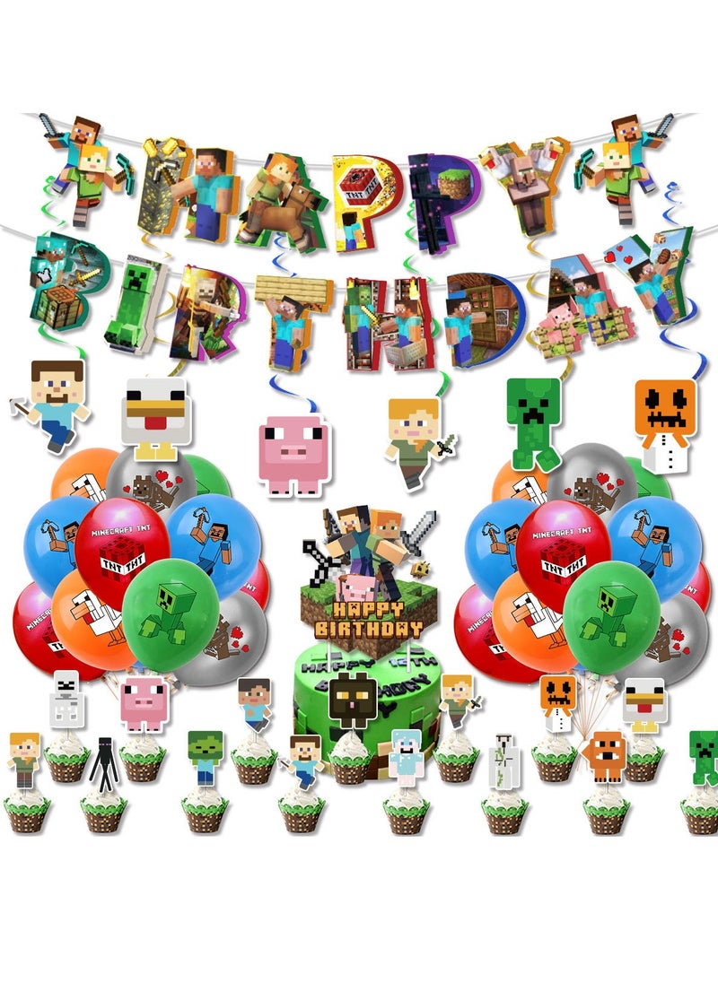 Generic - Pixel Games Theme Birthday Party Decoration Set Happy Birthday Banner Bunting Cake Decorating Topper Balloons For Boys Girls Birthday Decoration - Image 1