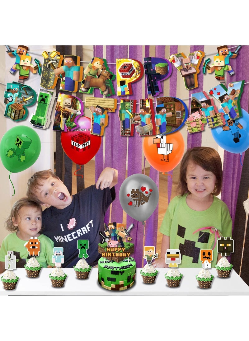 Generic - Pixel Games Theme Birthday Party Decoration Set Happy Birthday Banner Bunting Cake Decorating Topper Balloons For Boys Girls Birthday Decoration - Image 1