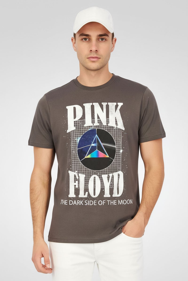 PINK FLOYD تي شيرت رجالي بأكمام قصيرة وياقة دائرية بطباعة جرافيك، رمادي - Image 1