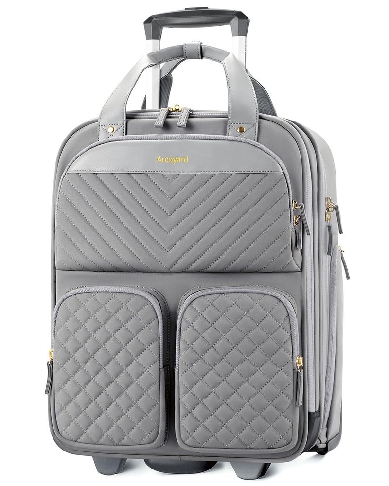 Arcoyard Underseat Carry On Luggage with Wheels, Multiple Compartments Airline Approved Personal Item Bag with Leather Handle, Lightweight Travel Carry-On Rolling Suitcase for Women Men, Grey, L - Image 1