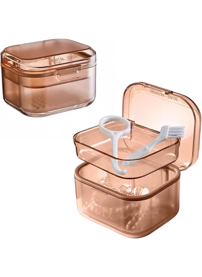HY Retainer Case Denture Bath Case,Retainer Cleaner Case with Lid,Denture Cup for Partial Dentures,Mouth Guard&Braces,Denture Soaking Container Case for Travel (Brown)  - Image 1