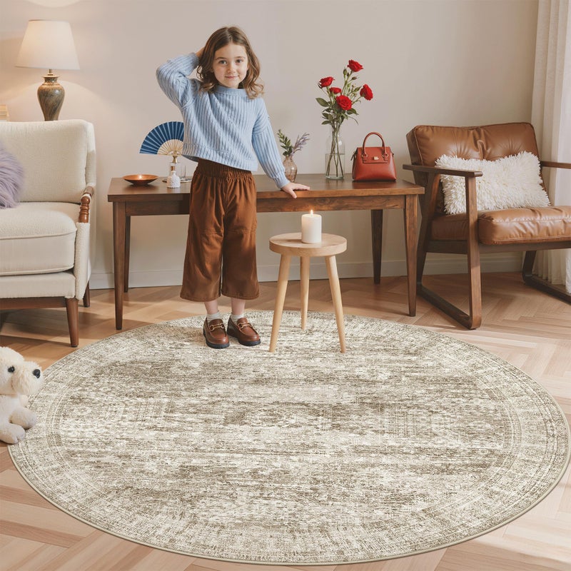 Soalmost 6x6 Brown Round Rug 6ft Living Room Circle Rug Vintage Round Area Rug Non Slip Indoor Carpet for Dining Room Bedroom - Image 2