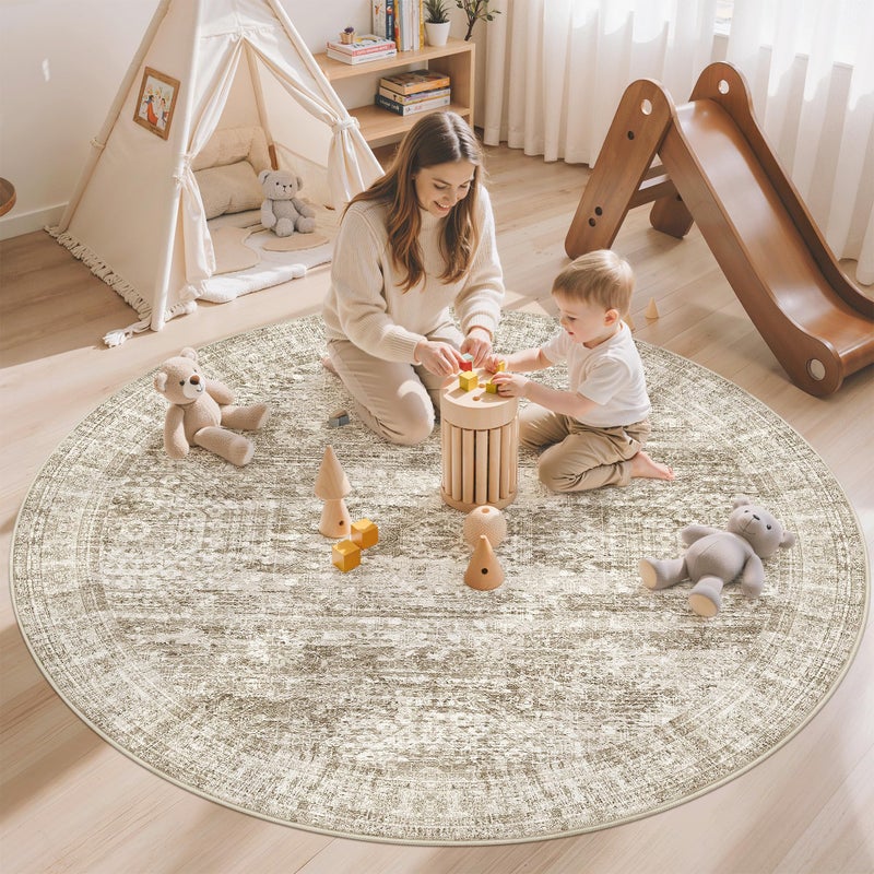 Soalmost 6x6 Brown Round Rug 6ft Living Room Circle Rug Vintage Round Area Rug Non Slip Indoor Carpet for Dining Room Bedroom - Image 3