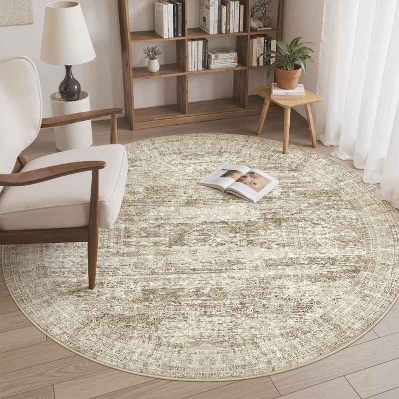 Soalmost 6x6 Brown Round Rug 6ft Living Room Circle Rug Vintage Round Area Rug Non Slip Indoor Carpet for Dining Room Bedroom - Image 1