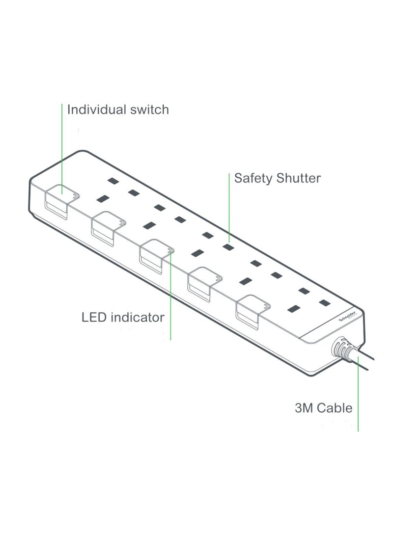 Schneider Electric - Schneider Electric Extension Cord 3m with 5 Trailing Sockets with individual switch, Power extension cord, White -TSH35_3_WE - Image 1