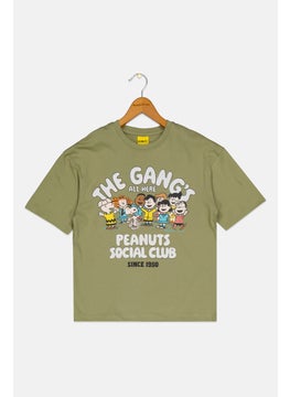 Peanuts Kids Boy Crew Neck Short Sleeves Graphic Print T-Shirt, Olive  - Image 1