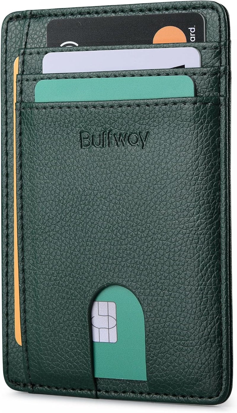 Buffway Slim Minimalist Front Pocket RFID Blocking Leather Wallets for Men and Women - Lichee Green - Image 1