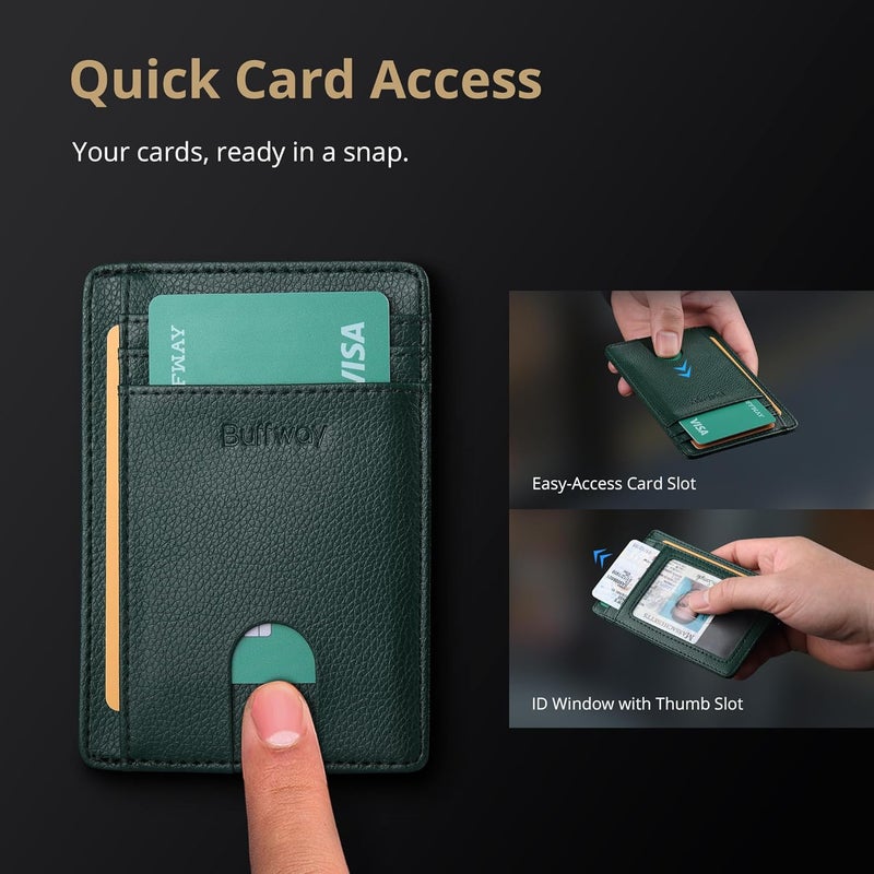 Buffway Slim Minimalist Front Pocket RFID Blocking Leather Wallets for Men and Women - Lichee Green - Image 3