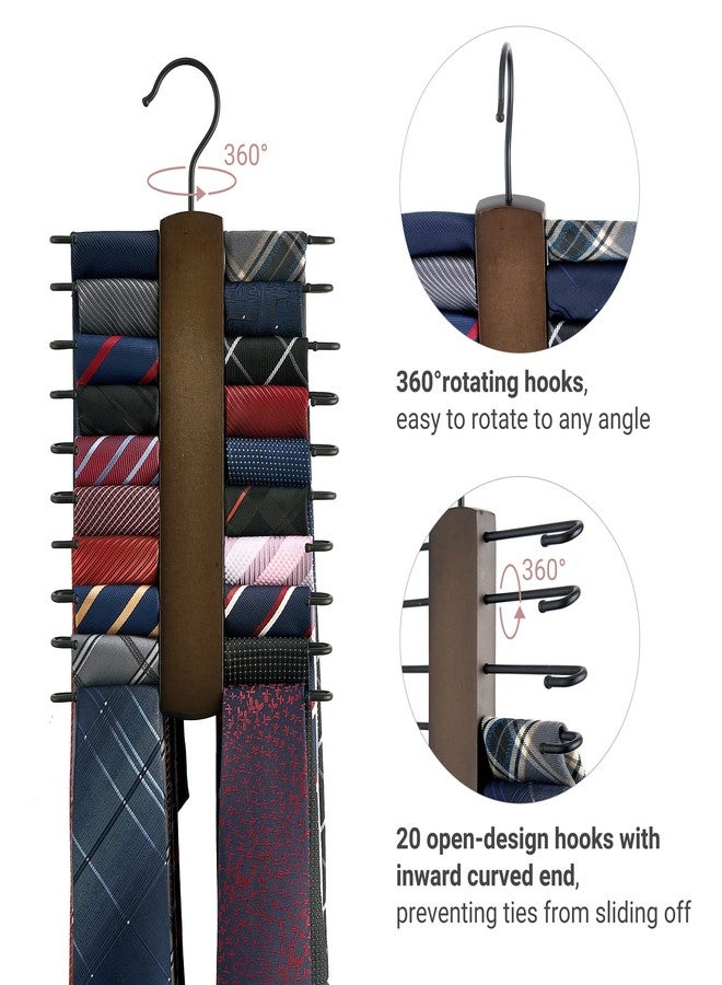 Mkono Wooden Tie Rack Retro Tie Belt Storage Hanger Organizer for Men Closet Space Saving Rack with 20 Non-Slip Hooks for Ties Belt Scarf Organize 360 Rotate Hanger Tie Display Holder, 1 Piece, Brown - Image 3