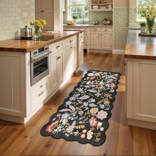 BYYVOO 3x6 Washable Kitchen Runner Rug: Non Slip Floral Scalloped Runner Rugs for Hallway Stain Resistant Floor Mat for Entryway Boho Carpet Runner for Bedroom Living Room (Black, 3x6) - Image 2