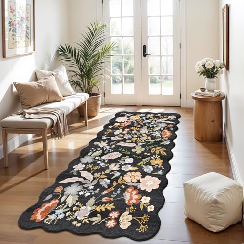 BYYVOO 3x6 Washable Kitchen Runner Rug: Non Slip Floral Scalloped Runner Rugs for Hallway Stain Resistant Floor Mat for Entryway Boho Carpet Runner for Bedroom Living Room (Black, 3x6) - Image 3