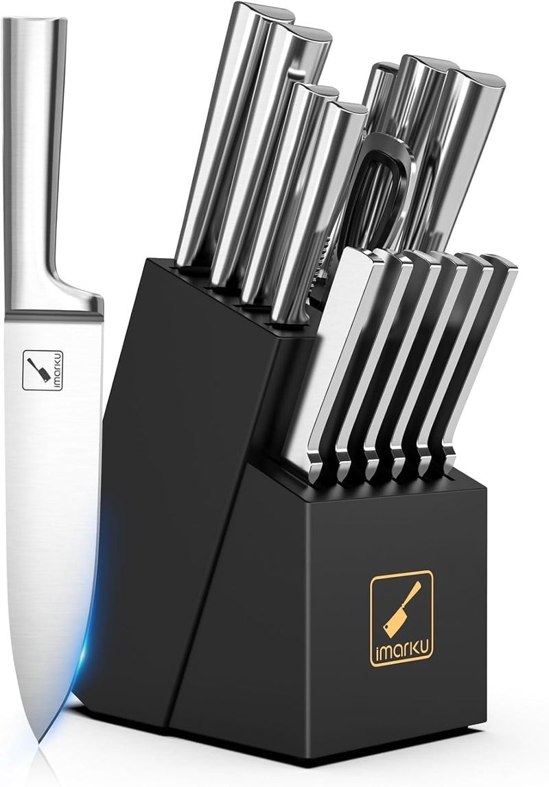 imarku Knife Set - 15PCS Kitchen Knife Set Japanese High Carbon Stainless Steel Knives Set for Kitchen, Dishwasher Safe Ultra Sharp Professional Chef Well Balance Knife Block Set, Black - Image 1