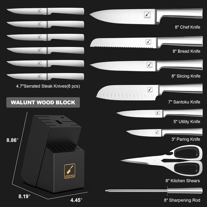 imarku Knife Set - 15PCS Kitchen Knife Set Japanese High Carbon Stainless Steel Knives Set for Kitchen, Dishwasher Safe Ultra Sharp Professional Chef Well Balance Knife Block Set, Black - Image 5