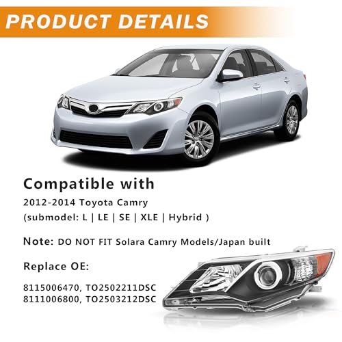 corkiauto Headlight Assembly Compatible with 2012 2013 2014 Toyota Camry L/Se/Le/Xle Halogen Headlamp Pair, Black Housing Amber Reflector - Image 2