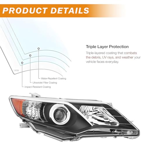 corkiauto Headlight Assembly Compatible with 2012 2013 2014 Toyota Camry L/Se/Le/Xle Halogen Headlamp Pair, Black Housing Amber Reflector - Image 4