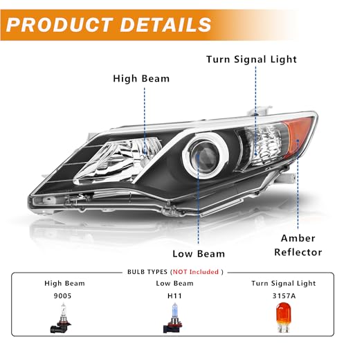 corkiauto Headlight Assembly Compatible with 2012 2013 2014 Toyota Camry L/Se/Le/Xle Halogen Headlamp Pair, Black Housing Amber Reflector - Image 3