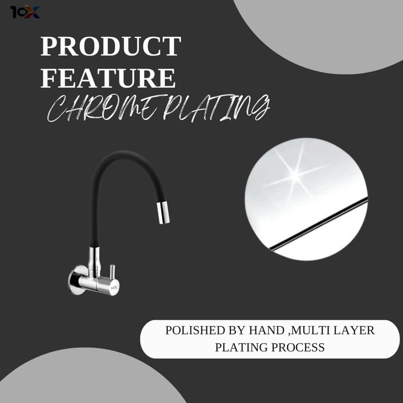 10X Sink Tap for Kitchen BL-9876 Flexible Neck Black Color Wall Mount, Chrome Finish (Single Flow) - Image 3