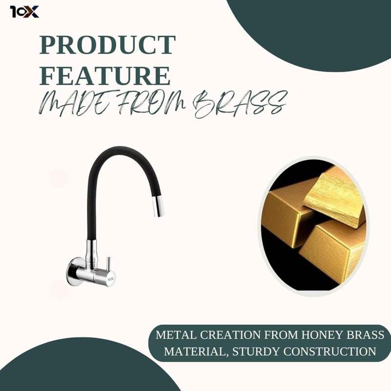 10X Sink Tap for Kitchen BL-9876 Flexible Neck Black Color Wall Mount, Chrome Finish (Single Flow) - Image 4