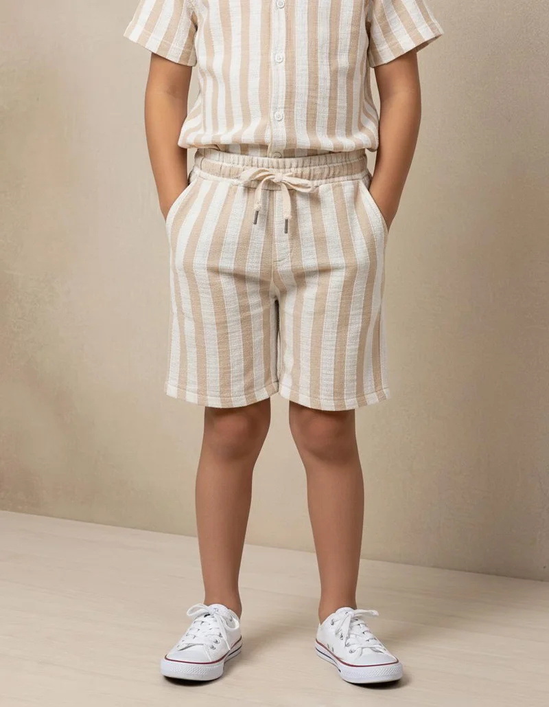 REDTAG Boys Beige and White & Striped Shirt and Shorts Set