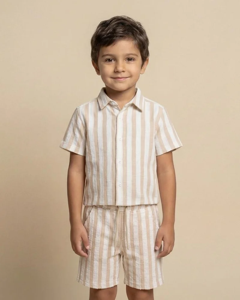 REDTAG Boys Beige and White & Striped Shirt and Shorts Set