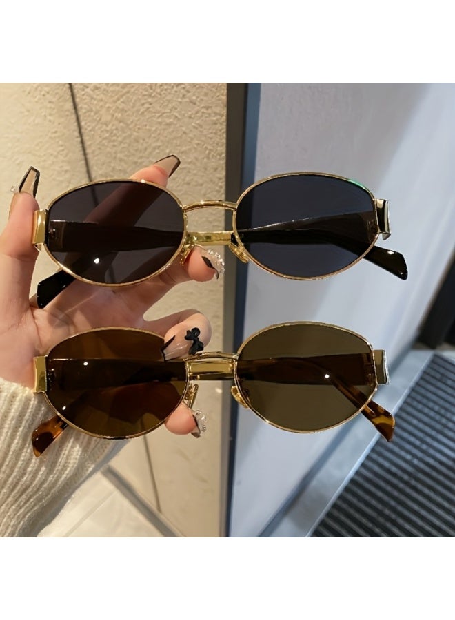 Retro Oval Sunglasses for Men and Women, Gold Metal Frame Black Brown UV400 Eyewear, Lightweight Vintage Fashion Sunglasses with Glasses  Case - Image 4