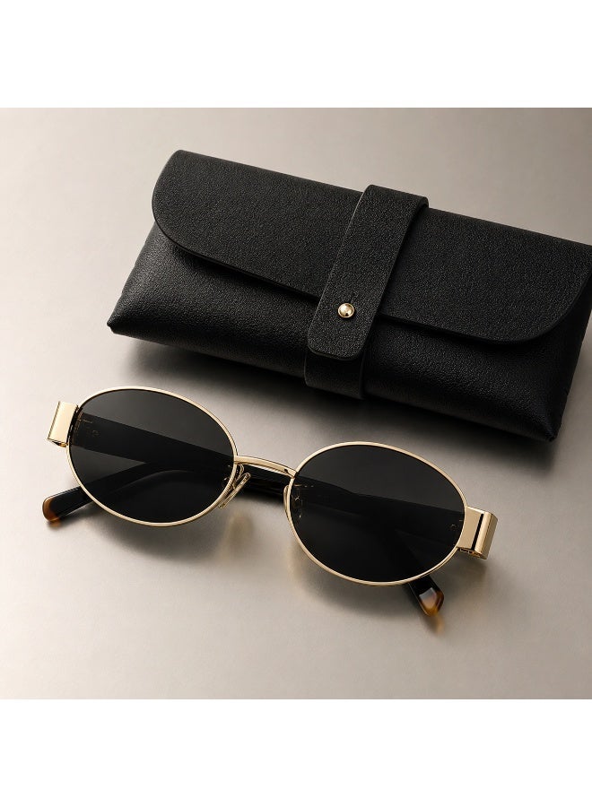 Retro Oval Sunglasses for Men and Women, Gold Metal Frame Black Brown UV400 Eyewear, Lightweight Vintage Fashion Sunglasses with Glasses  Case - Image 2