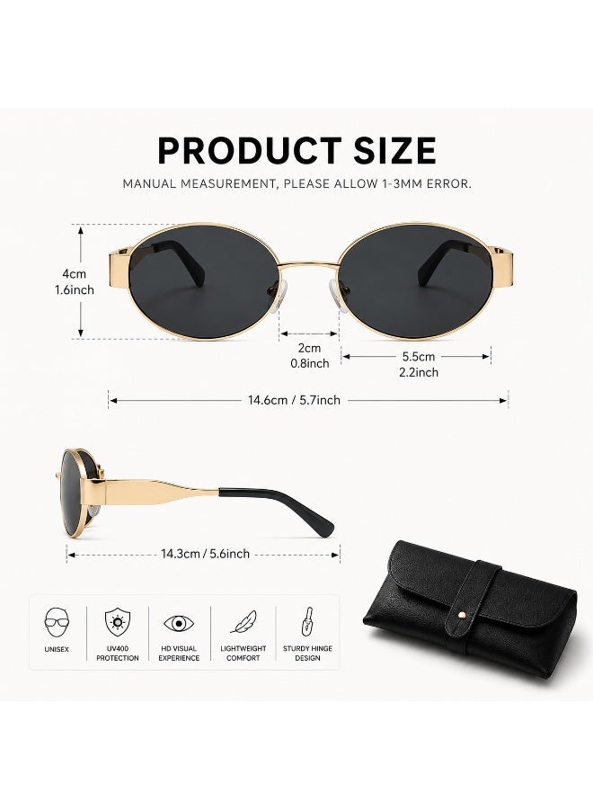 Retro Oval Sunglasses for Men and Women, Gold Metal Frame Black Brown UV400 Eyewear, Lightweight Vintage Fashion Sunglasses with Glasses  Case - Image 3
