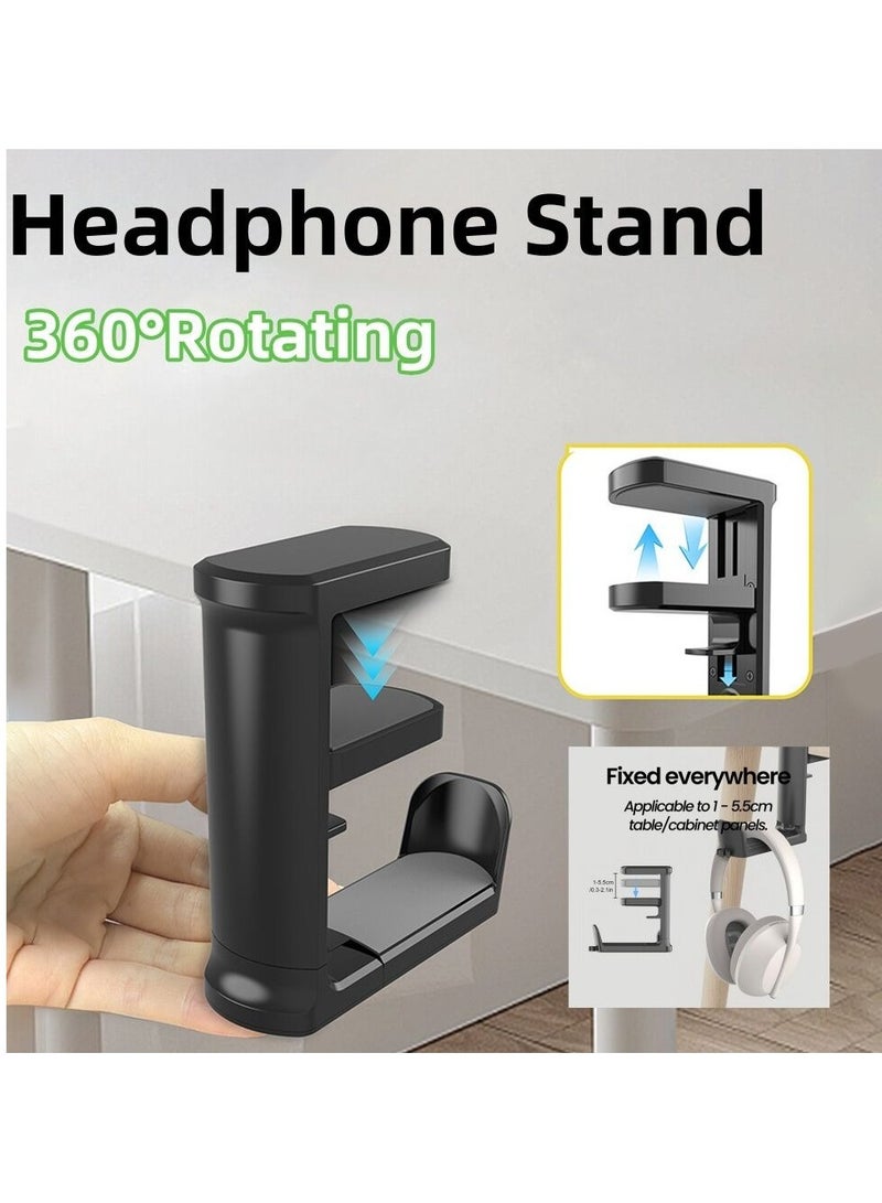 PC Gaming Headset Headphone Hook Holder Hanger Mount, Headphones Stand With Adjustable And Rotating Arm Clamp,Clip-On Headphone Stand, No Drilling Required, Built in Cable Clip Organizer Black - Image 3