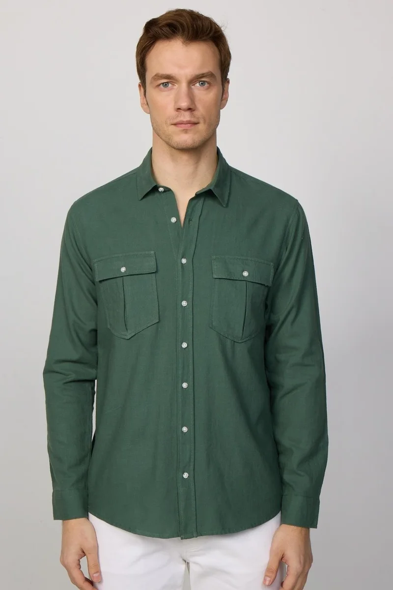 تودورس Classic Fit Double Pocket Cotton Linen Khaki Men's Shirt