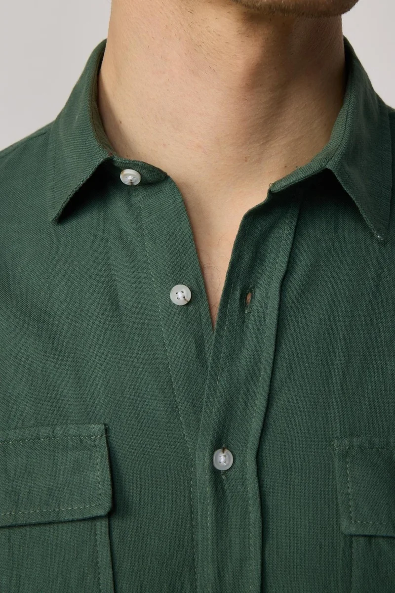 تودورس Classic Fit Double Pocket Cotton Linen Khaki Men's Shirt