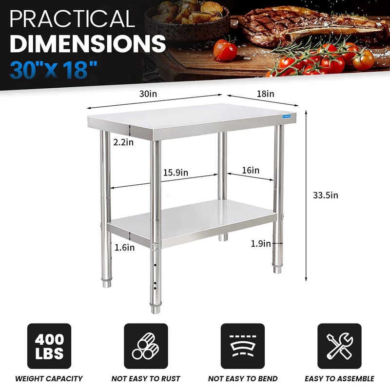 KUARBARR Stainless Steel Table 30 x 18 Inch, Stainless Table for Prep & Work, Commercial NSF Metal Table for Restaurant Kitchen Garage - Image 2