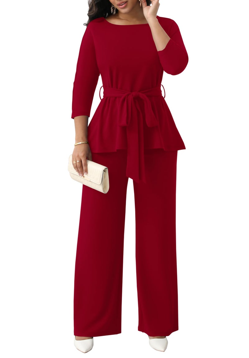 CLOCOR Women's 2 Piece Outfits Suit Set 3/4 Sleeve Peplum Top Flared Pants Sets Business Pantsuits - Image 1