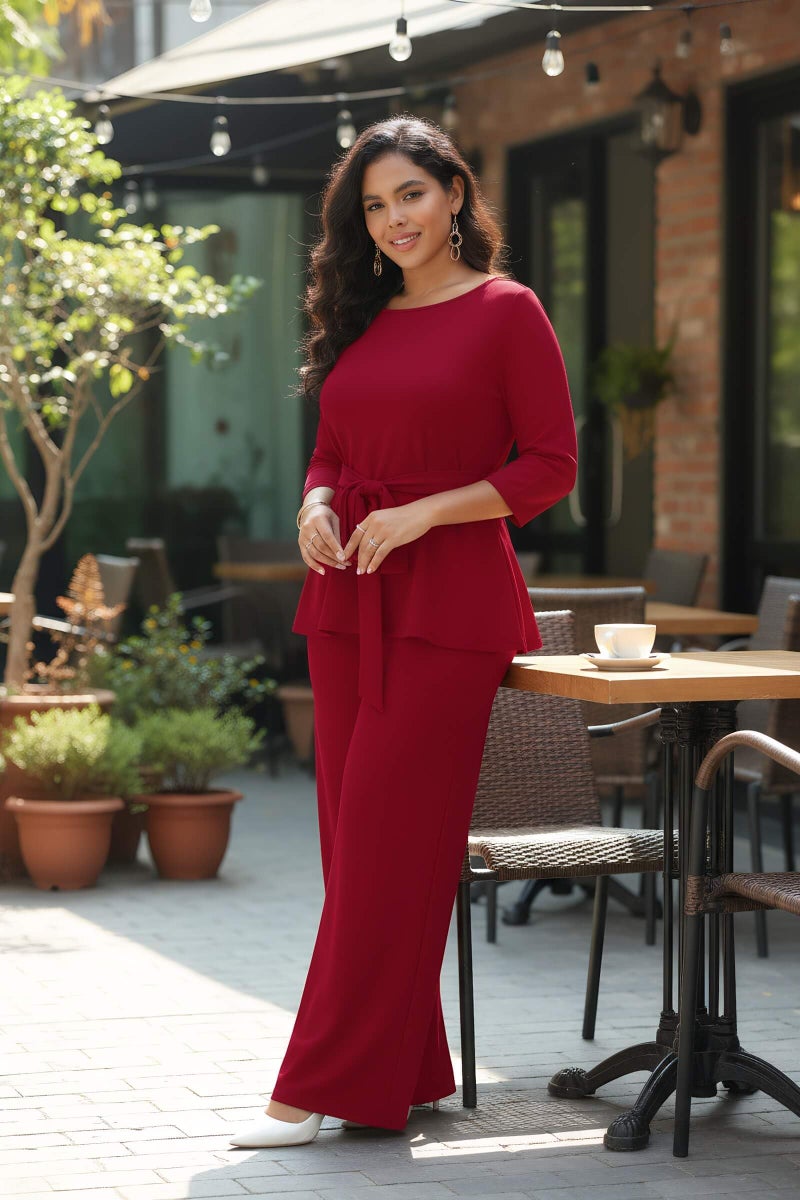 CLOCOR Women's 2 Piece Outfits Suit Set 3/4 Sleeve Peplum Top Flared Pants Sets Business Pantsuits - Image 3