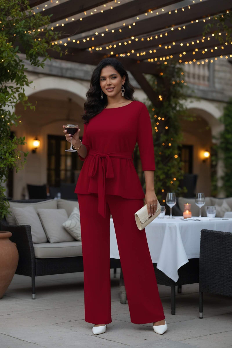 CLOCOR Women's 2 Piece Outfits Suit Set 3/4 Sleeve Peplum Top Flared Pants Sets Business Pantsuits - Image 2