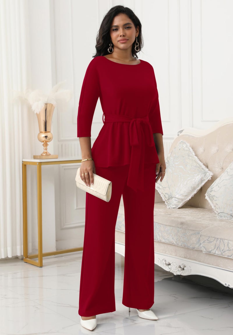 CLOCOR Women's 2 Piece Outfits Suit Set 3/4 Sleeve Peplum Top Flared Pants Sets Business Pantsuits - Image 4