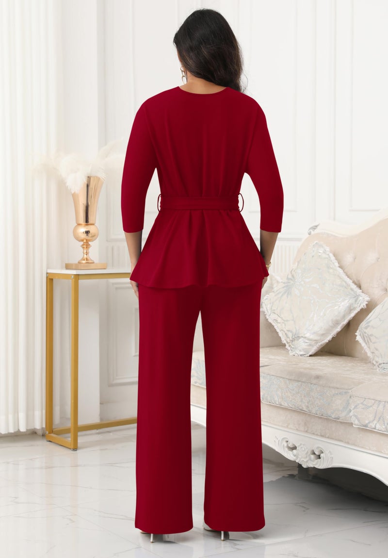 CLOCOR Women's 2 Piece Outfits Suit Set 3/4 Sleeve Peplum Top Flared Pants Sets Business Pantsuits - Image 5